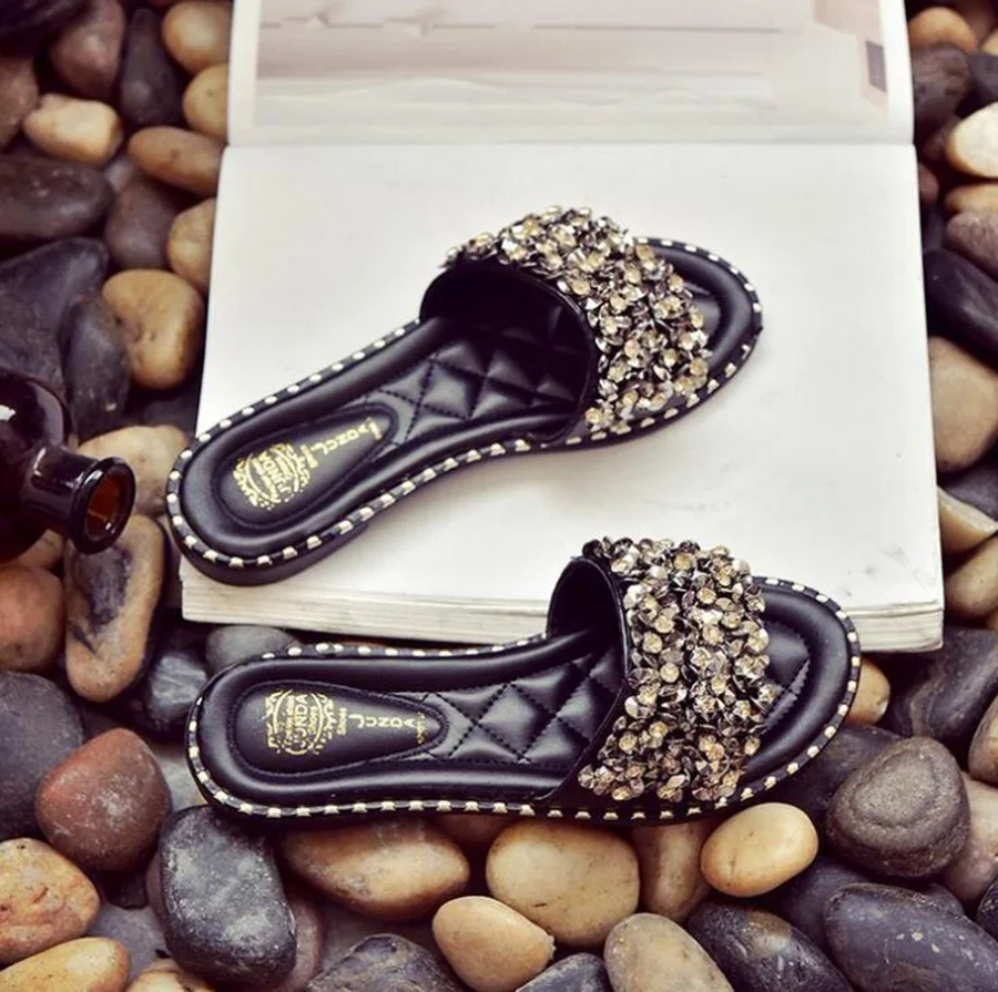 2018 Summer New Women's Slippers Handmade Bling Rivets Nice Look Soft and Comfortable Low-heeled Female | Обувь