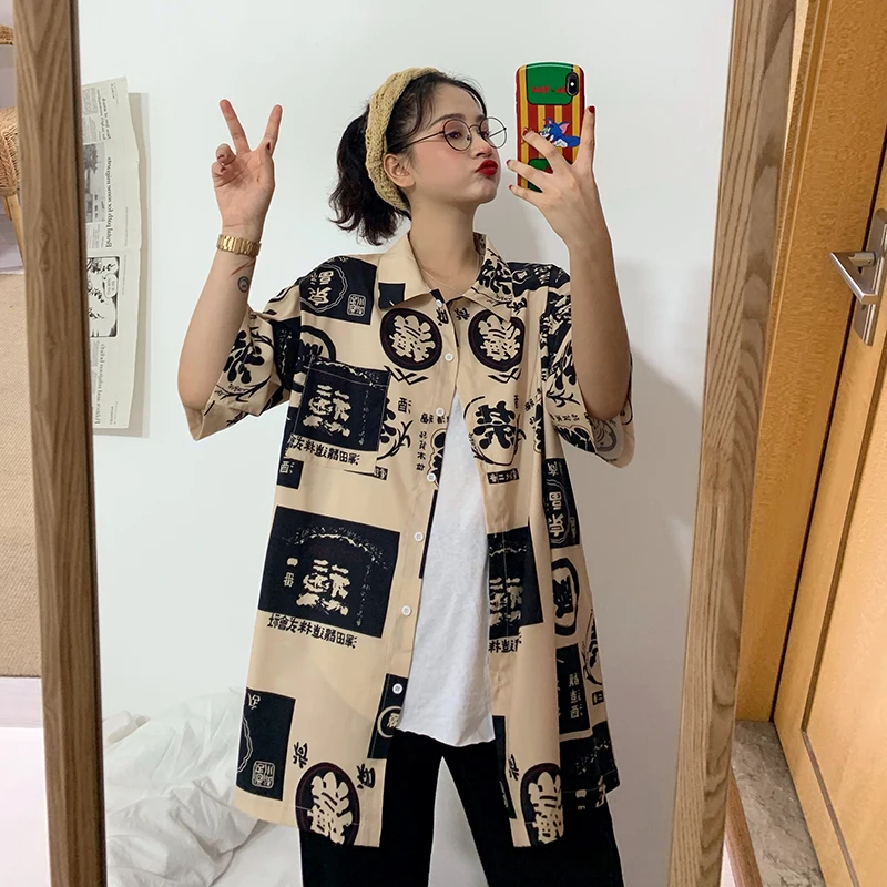 Harajuku Retro Shirts Women Printed Short Sleeve Loose Top Blouse 2019 New Fashion Summer Casual Streetwear Unisex | Женская одежда