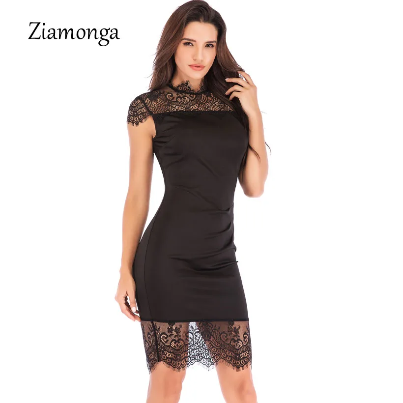 Ziamonga 2018 новый тонкий миди кружево лоскутное карандаш Bodycon платье короткий рукав