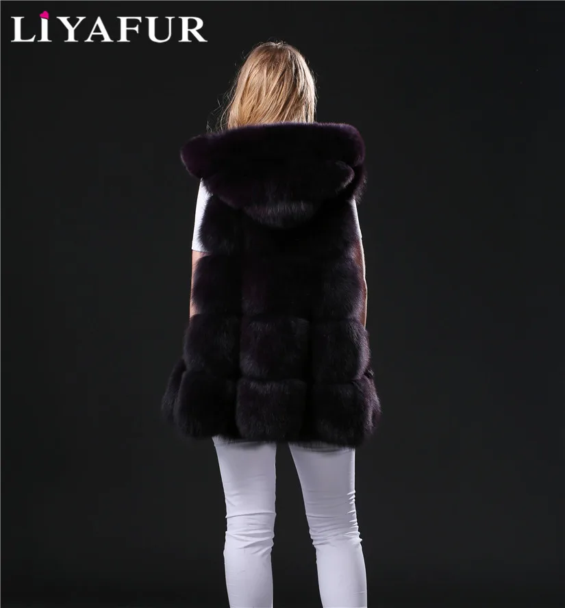 Liyafur натуральная толстый натуральный синий Лисий Мех зимний длинный жилет с капюшоном для Для женщин- в форме Мех-жилет пальто