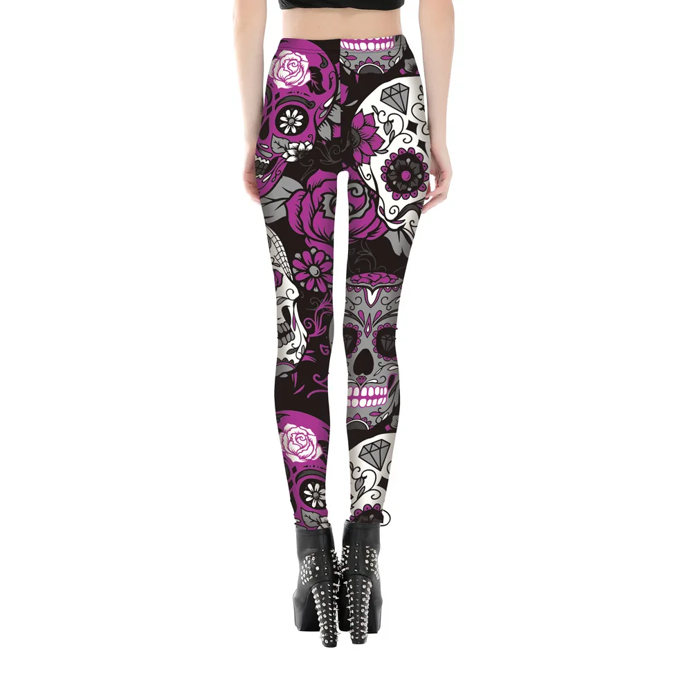 Новый Для женщин Пурпурная роза с принтом череп эластичные леггинсы для фитнеса