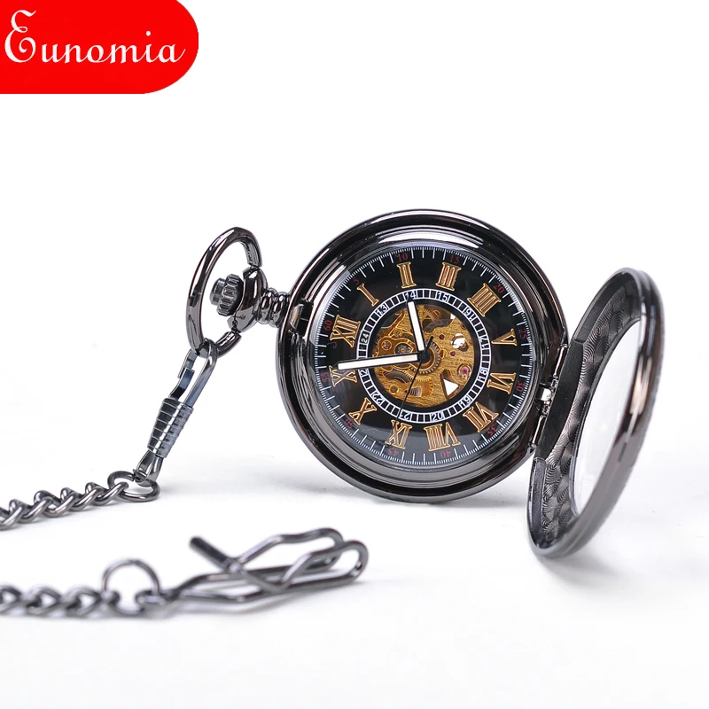 Механические карманные часы с автоподзаводом круглые черные винтажные наручные