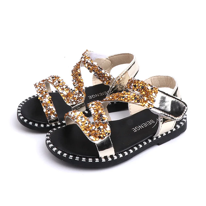 Сандалии для девочек блеск новые летние модные блестящие со стразами обувь с
