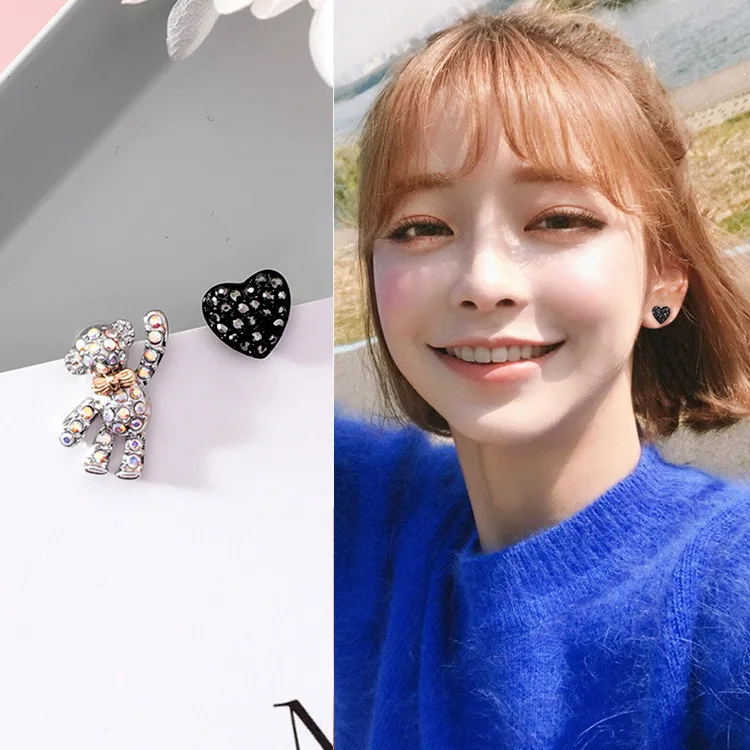 Sweet Cute Asymmetric Rhinestone Bear Love Heart S925 Sterling Silver Stud Earrings for Women Wedding Charm Jewelry Pendientes | Украшения