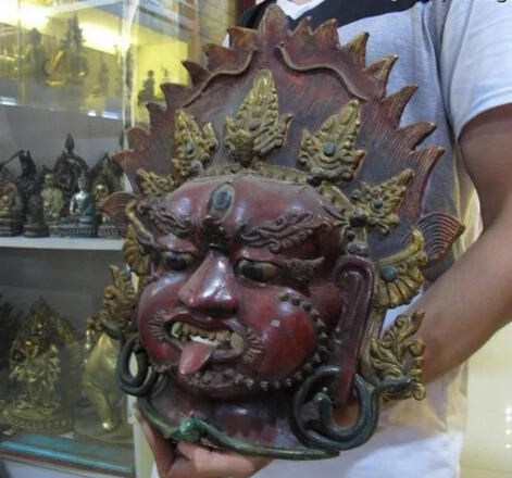 RHS0256 Тибетский буддизм Чистая Бронзовая инкрустация Красный Коралл Маскарадная