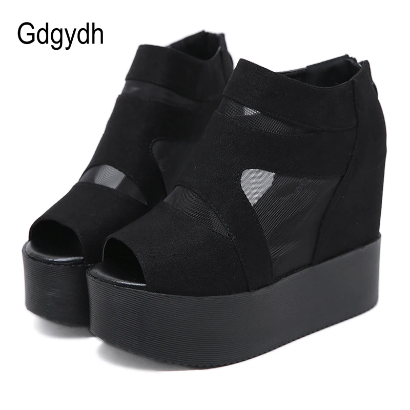 Gdgydh/летние женские ботильоны модные сетчатые туфли на танкетке с высоким