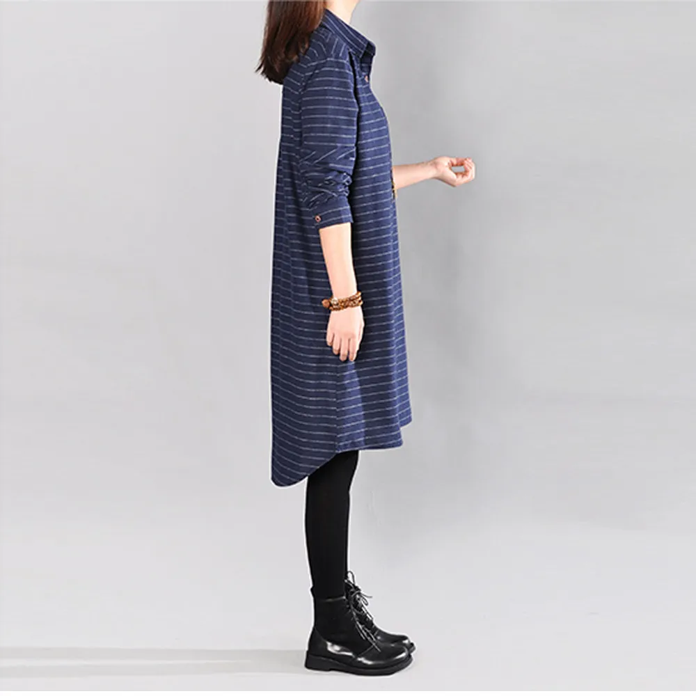 Women Stripe Cotton And Linen Long Sleeves Loose Section Dress 2018 women's summer clothes vestido verano | Женская одежда