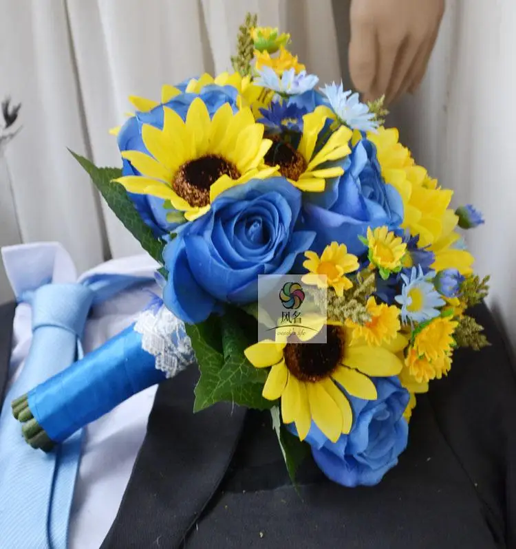 

Handmade artificial flower wedding flower bride holding flowers blue yellow sunflower daisy
