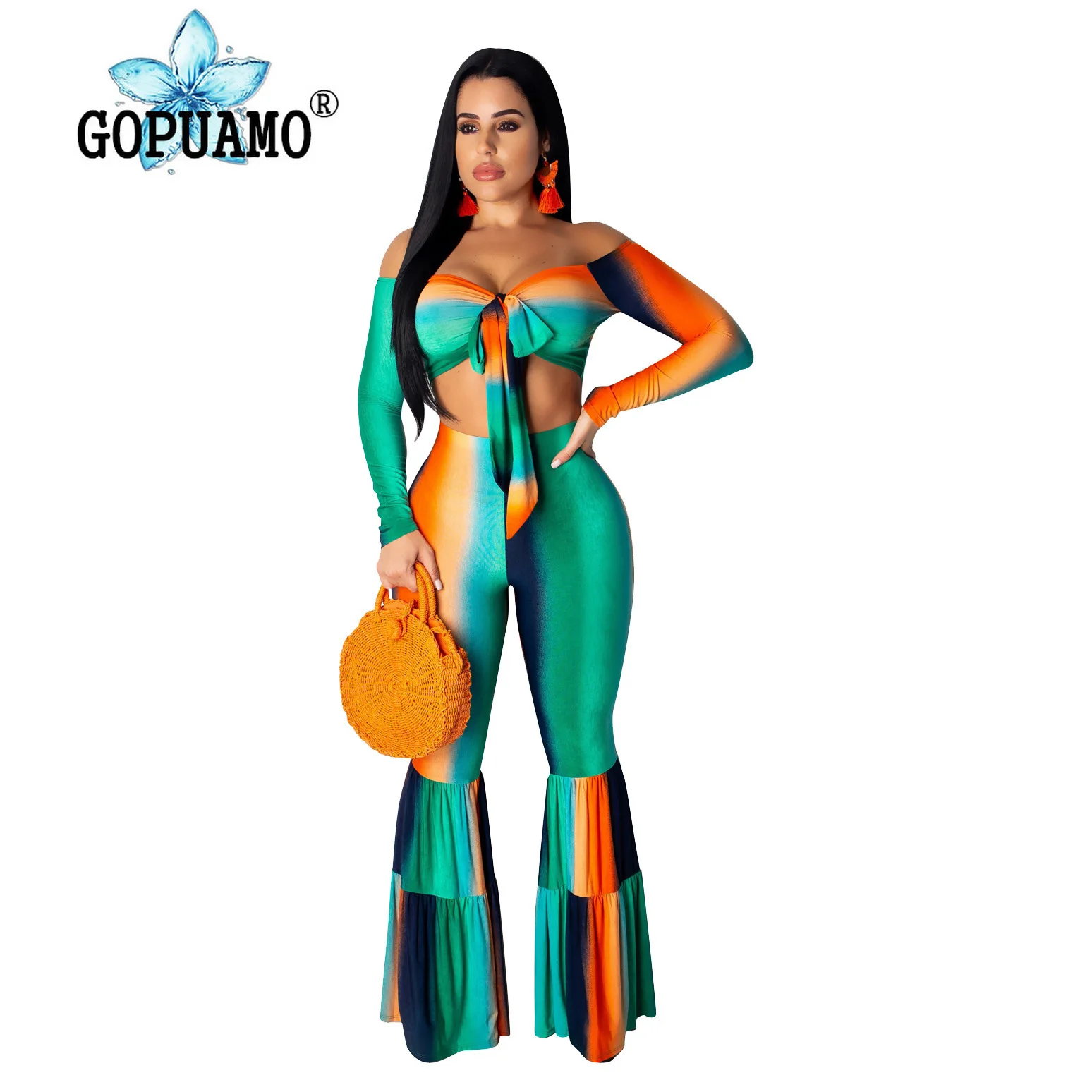 Женский костюм двойка градиентного цвета короткий топ с вырезом лодочкой и