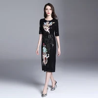 high quality 2019 summer womens dress new sequin angel embroidery black temperament slim long paragraph one step ladies dresses