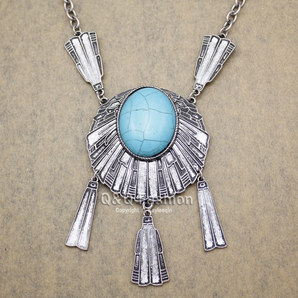 Vintage Silver Plated Dream Catcher Big Blue Stone Pendant Dome Chain Bib Necklace Turkey | Украшения и аксессуары