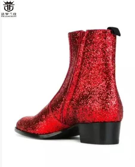

Red real leather FR.LANCELOT fashion pointed toe men boots british glitter men fashion boots zip mujer bota sequin red booties