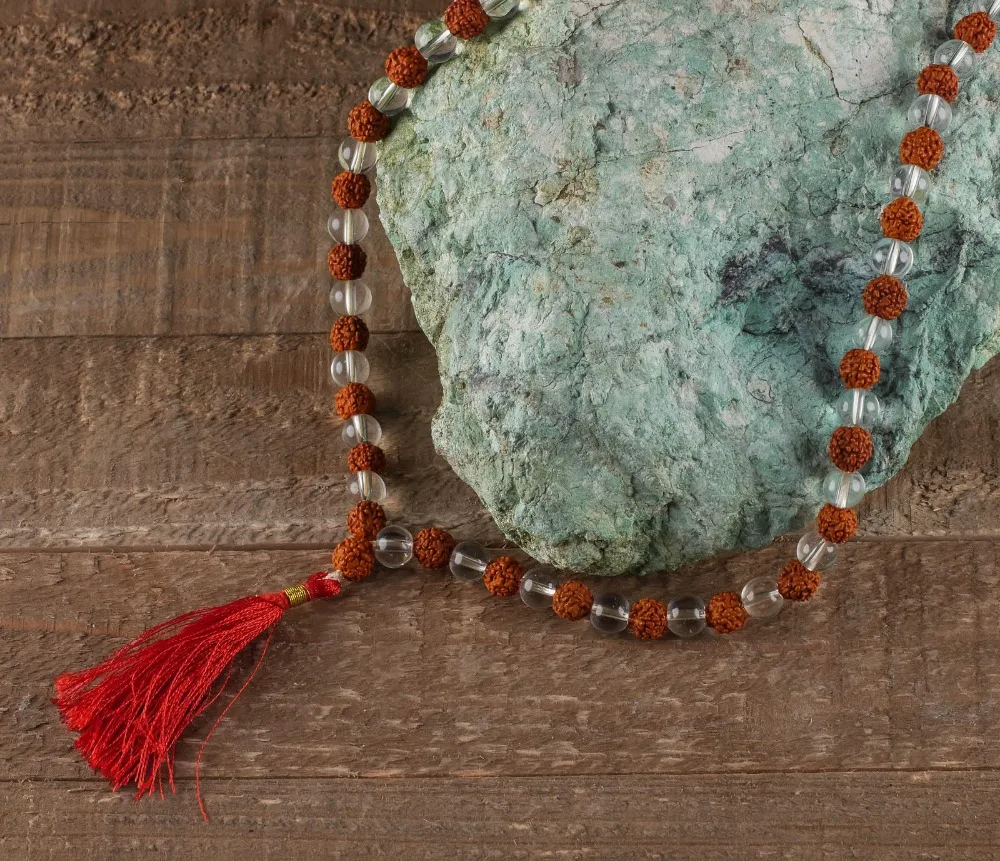 108 Mala Beads рудракша бусина и Прозрачное кварцевое ожерелье с кисточкой 8 мм круглые