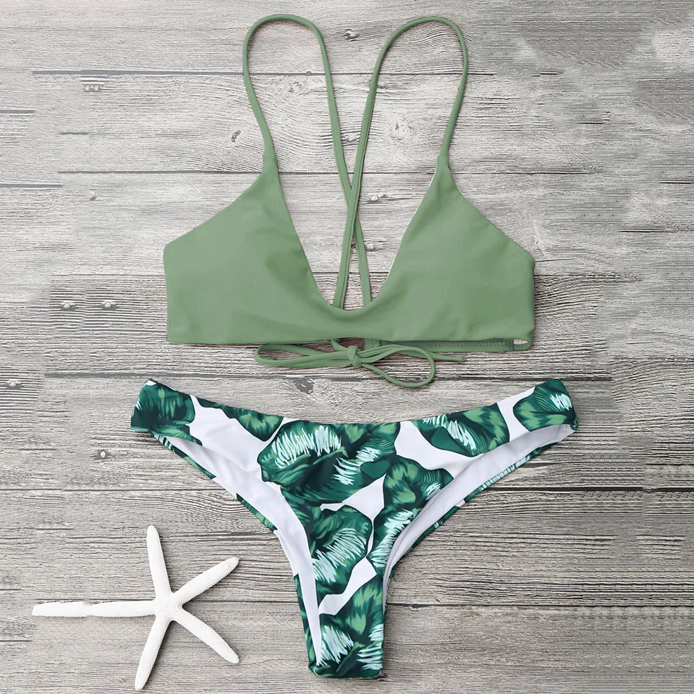 ZAFUL купальники Cami Bralette пальмовый лист бикини набор купальный костюм Спагетти
