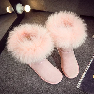 pink Модные стильные высокие зимние женские сапоги с натуральным лисьим мехом; botas; зимняя обувь из натуральной кожи; высокие сапоги; высокое качество - Цвет: pink