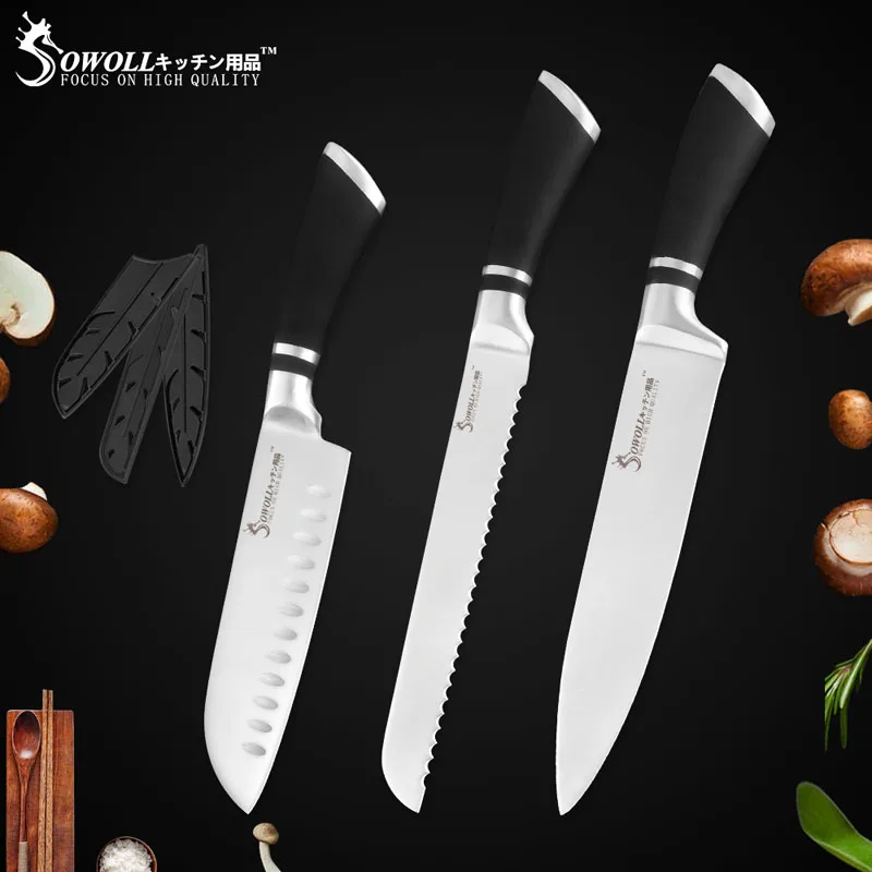 3 Pcs Knives Set A Набор кухонных ножей Sowoll, 6 шт., хорошее качество, экономичный набор ножей из нержавеющей стали, нож для нарезки хлеба, нож для фруктов Santoku - Цвет: 3 Pcs Knives Set A