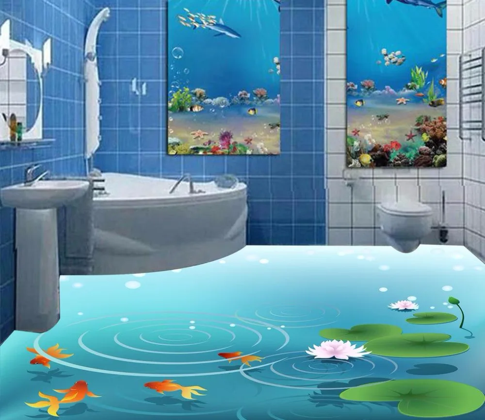 

3d flooring Pond lotus goldfish 3D floor painting waterproof wallpaper for bathroom wall 3d floor painting wallpaper