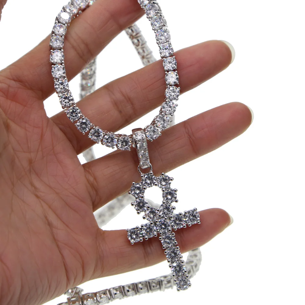Серебряный цвет bling ювелирные изделия Хип-хоп Египетский Анкх ключ жизни крест кулон ожерелье s кубический цирконий длинное ожерелье