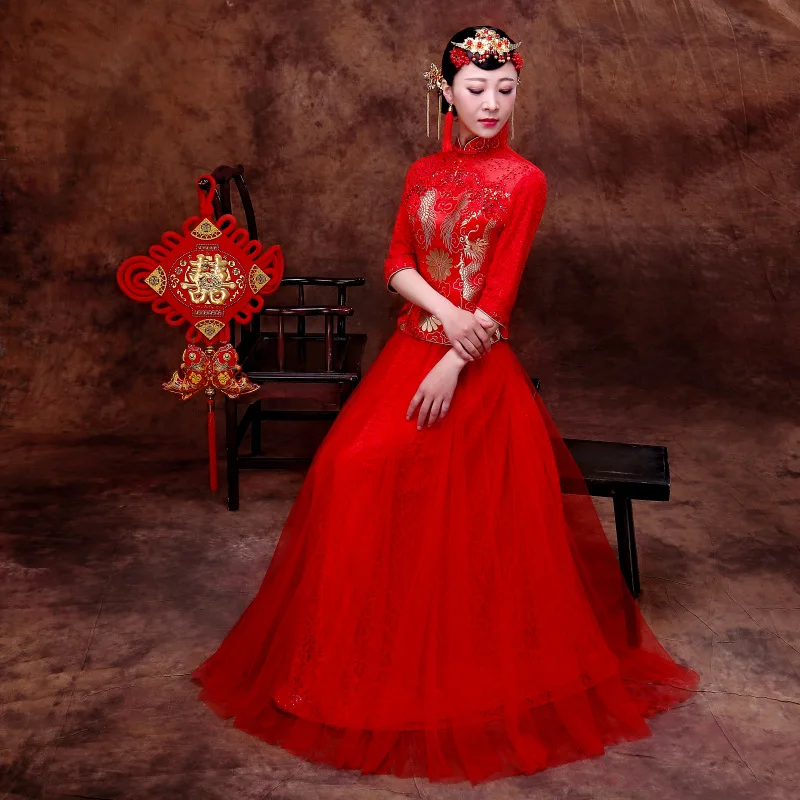 

Пикантное платье Ципао с вышивкой, Длинное Красное традиционное китайское свадебное платье, восточные свадебные платья, традиции невесты ...