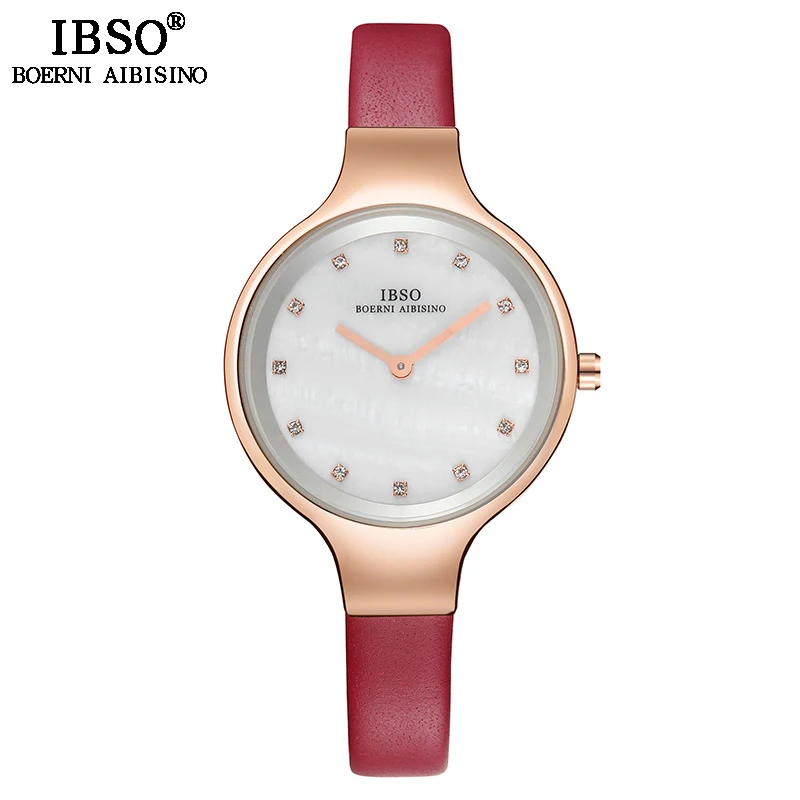 red leather IBSO высококачественные женские наручные часы с кристаллами Дизайн Кварцевые часы для женщин Роскошная оболочка циферблат часы Relogio Feminino - Цвет: red leather
