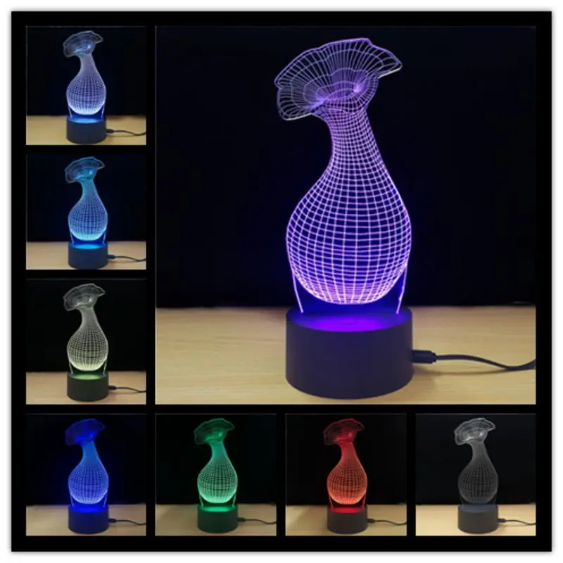 Креативный 3D яркий ваза ночник светодиодный светильник 7 цветов Изменение USB