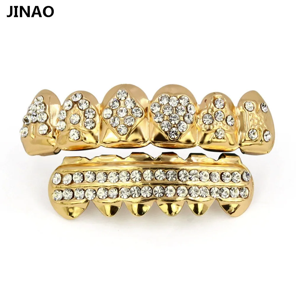 12 комплектов цзинао Позолоченные ICED OUT CZ зубы GRILLZ верхней нижней крышки зуба хип хоп Bling комплект решеток для Рождества