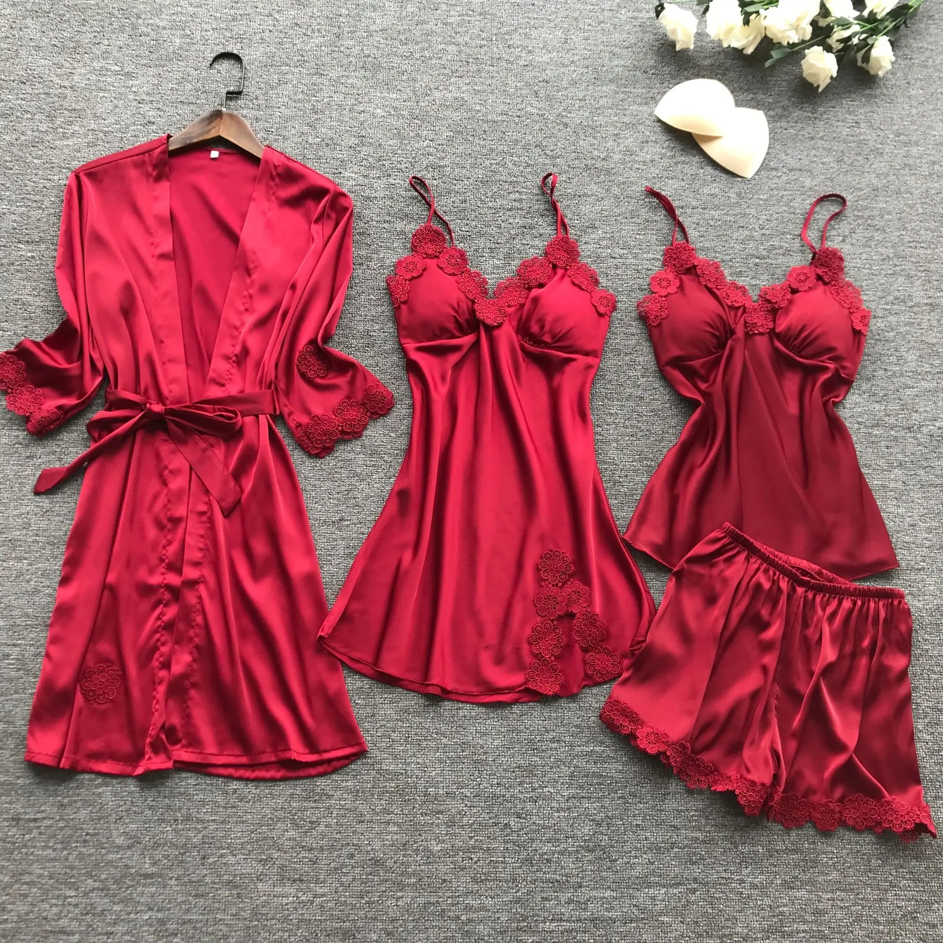 

Spring New 4 Pcs Women Satin Pyjamas With Chest Pad Sexy Nightdress Belt Cardigan Pajama Set