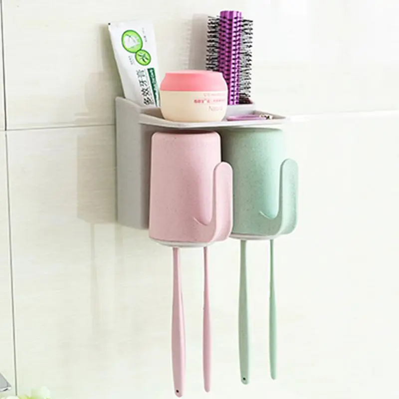 

Wheat Straw Magic Seamless Stickers 2 Cup Toothbrush Holder Wash Suit