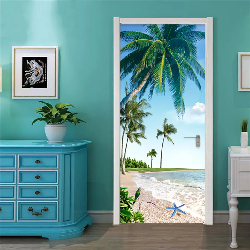 

2 Pieces/Set Self-Adhesive Door Sticker 3D Beach Coconut Palm Landscape Wall Paper Restaurant Bathroom Waterproof Wall Stickers