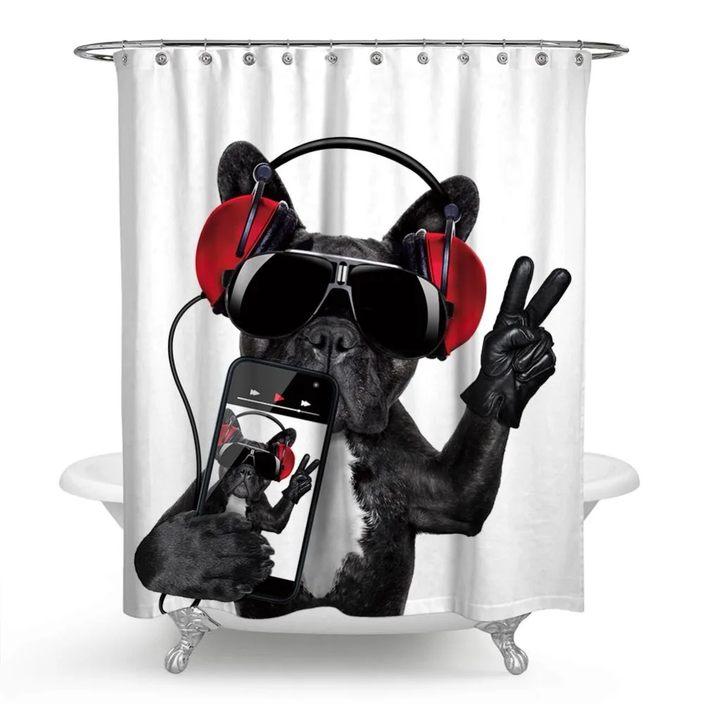 

Dog Shower Curtain Black Bulldog Bathroom Curtain Pet Listen Music Cellphone Rideau De Douche Photo Kid Bath Curtain Shower