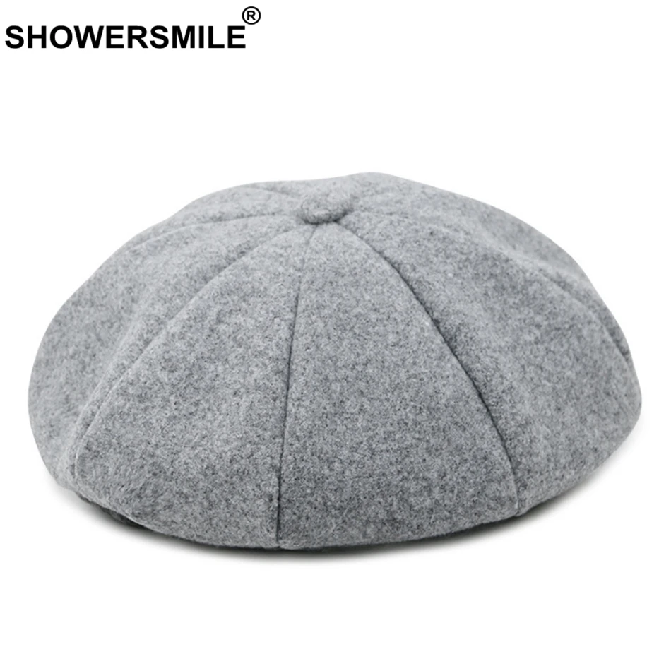 SHOWERSMILE женские береты шапки Серая шерстяная шапка женская мода восьмиугольная однотонная Кепка художника зимняя теплая мягкая Высококачественная шапка для художника