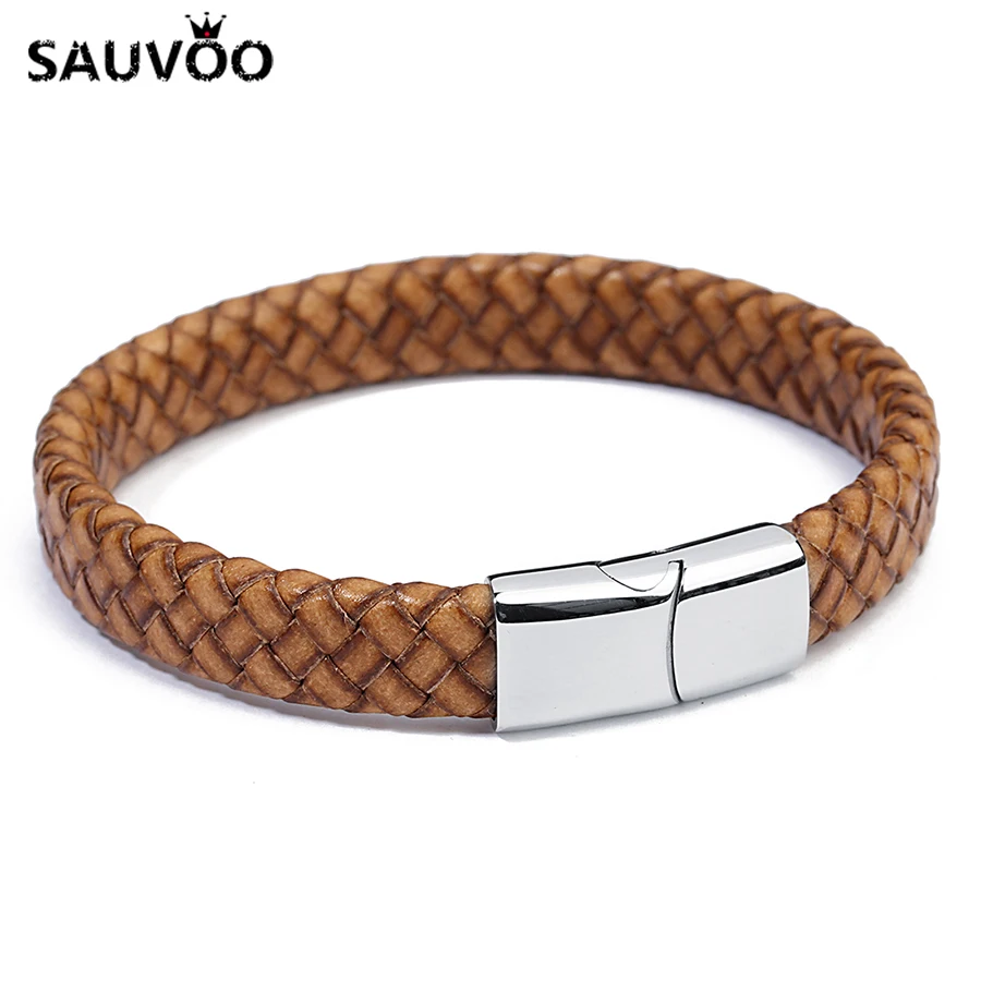 Sauvoo панк широкая оплетка браслеты из натуральной кожи хаки коричневые с