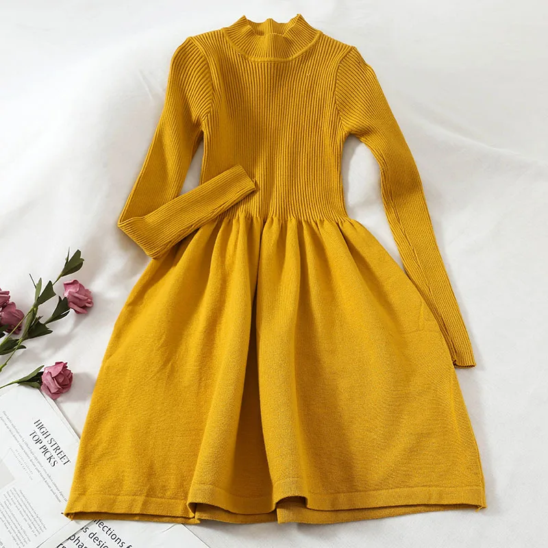 Новинка 2019 модные женские вязаные платья зимний тонкий свитер с высоким