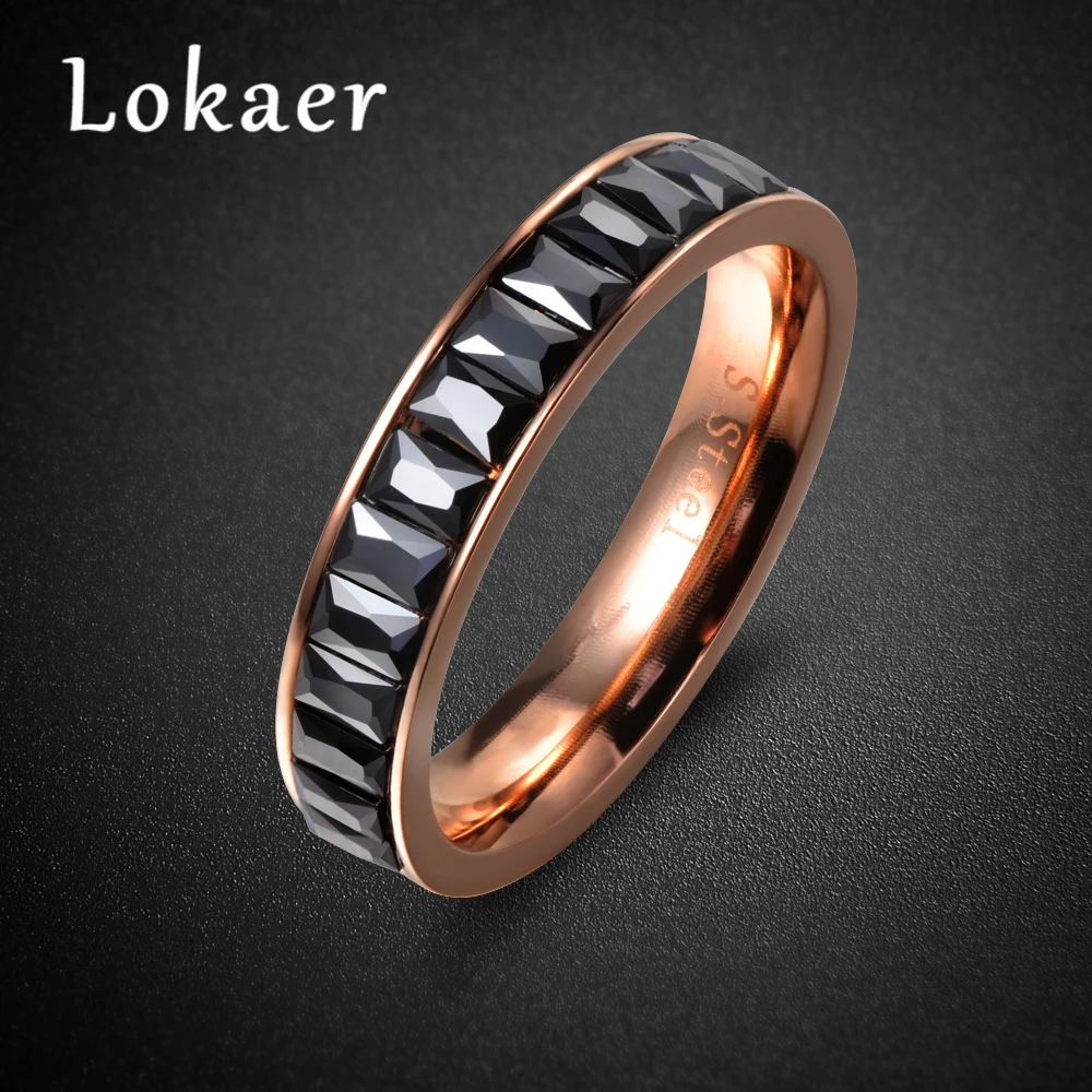 Lokaer классические кольца из нержавеющей стали инкрустация черный прямоугольник кубический циркон обручальное кольцо для женщин Свадебные наборы R17027