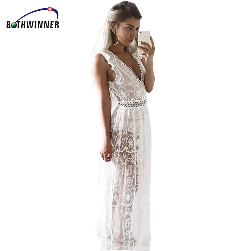 Bothwinner сексуальное открытое Белое Кружевное Платье женское весеннее платье с