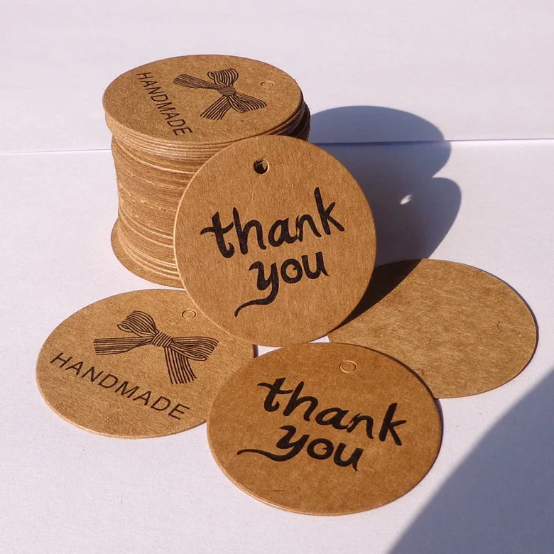 

Thank you & Hand Made Gift Tags, 100 PCS Kraft Paper Tags for Wedding Brown Round Craft Hang Tags
