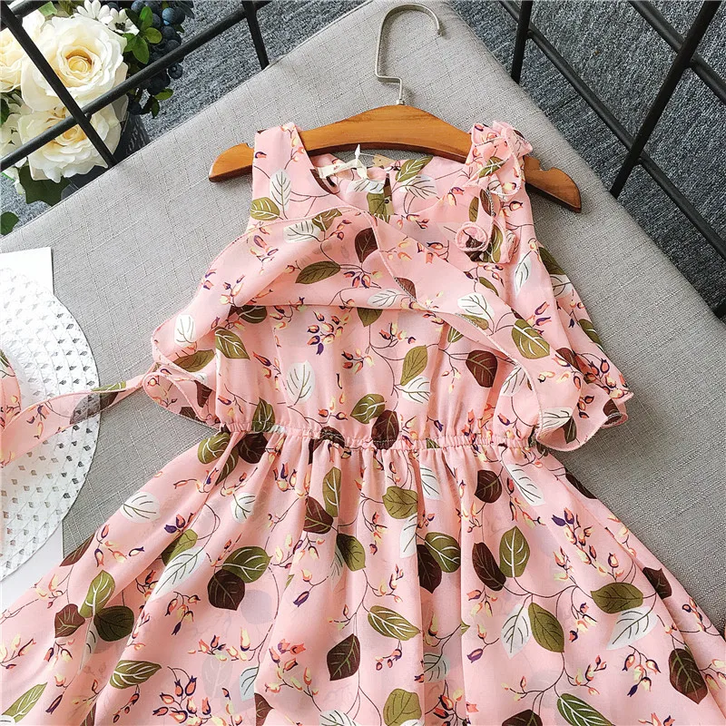 Girls Dresses 2018 Summer New Children's Clothing Fashion Sweet Double-Layer Printed Chiffon Vest Dress + Hat | Детская одежда и