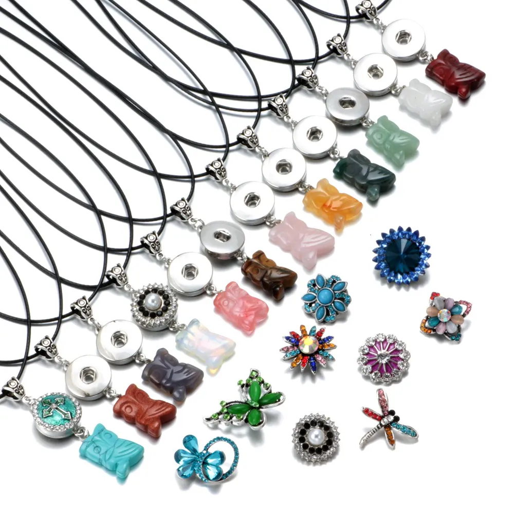 DZ1722h High quality Natural Stone leather Necklace Fit 18mm Snap Button White crystal Owl Pendant Snaps Jewelry | Украшения и