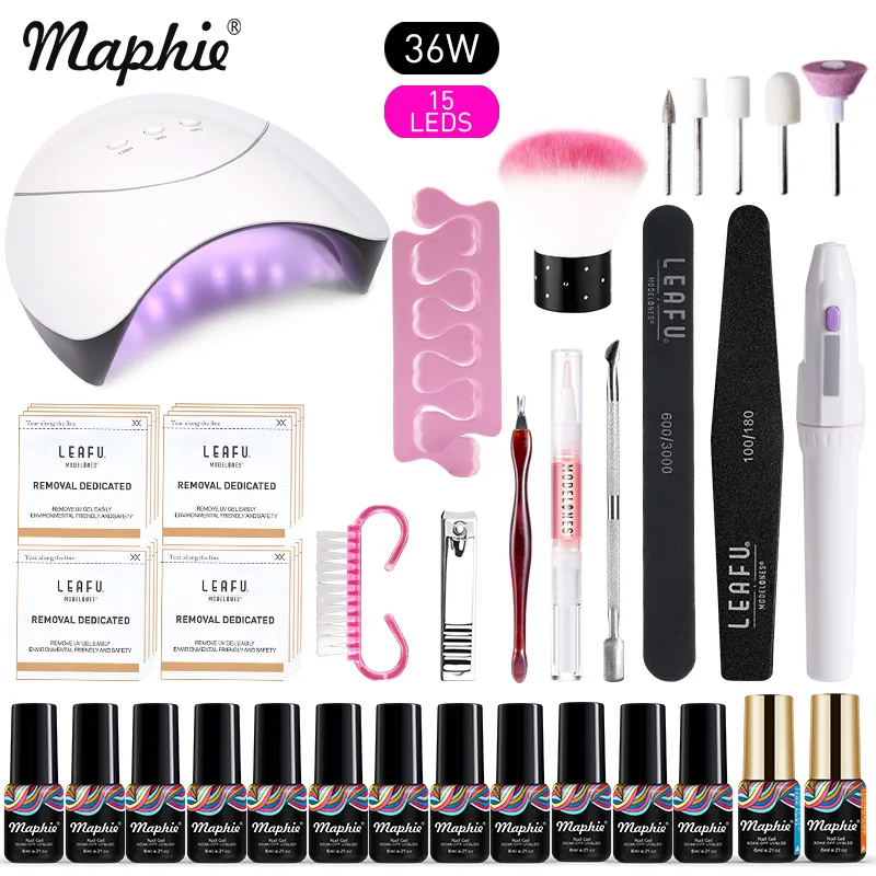 Maphie УФ светодиодная лампа для дизайна ногтей маникюрный набор профессиональный УФ-гель для ногтей наборы 12 цветов гель лак основа верхнее покрытие наборы для ногтей - Цвет: 36W With Gel