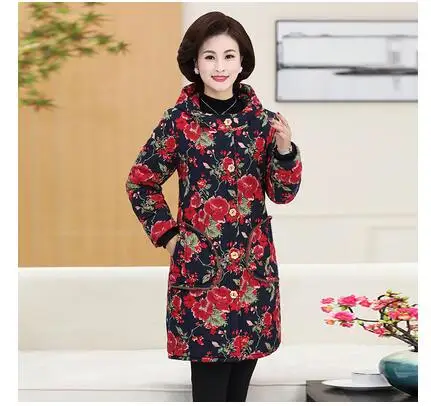 Rose floral Куртка из хлопка с принтом для женщин среднего возраста, теплая, свободная, плюс Вельветовая, толстая, длинная, пальто, большой размер, Повседневная Женская куртка с капюшоном, 6XL - Цвет: Rose floral