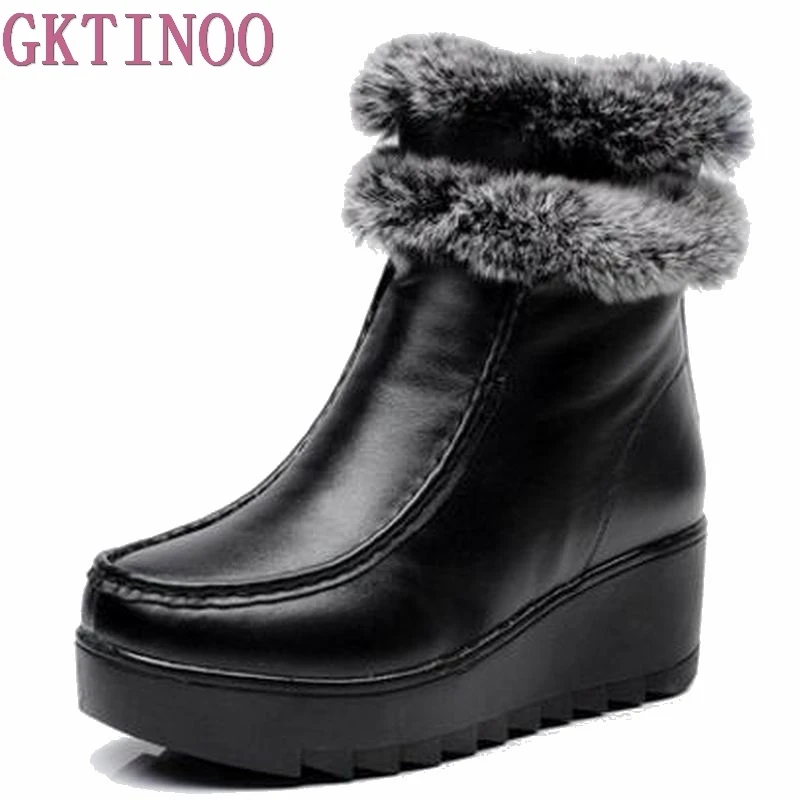 

GKTINO 2021 Rabbit Fur Winter Boots Genuine Leather Cowhide Women's Boots Female Snow Plush Ankle Boots Zip Zapatos Mujer Botas