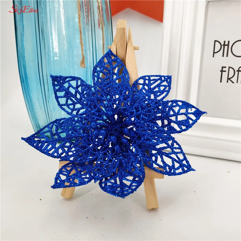 Royal blue 10 шт. цветные блестящие искусственные Полые Цветы для свадебной вечеринки, Рождества, Дня Святого Валентина, украшения для рождественской елки, домашний декор 8Z - Цвет: Royal blue
