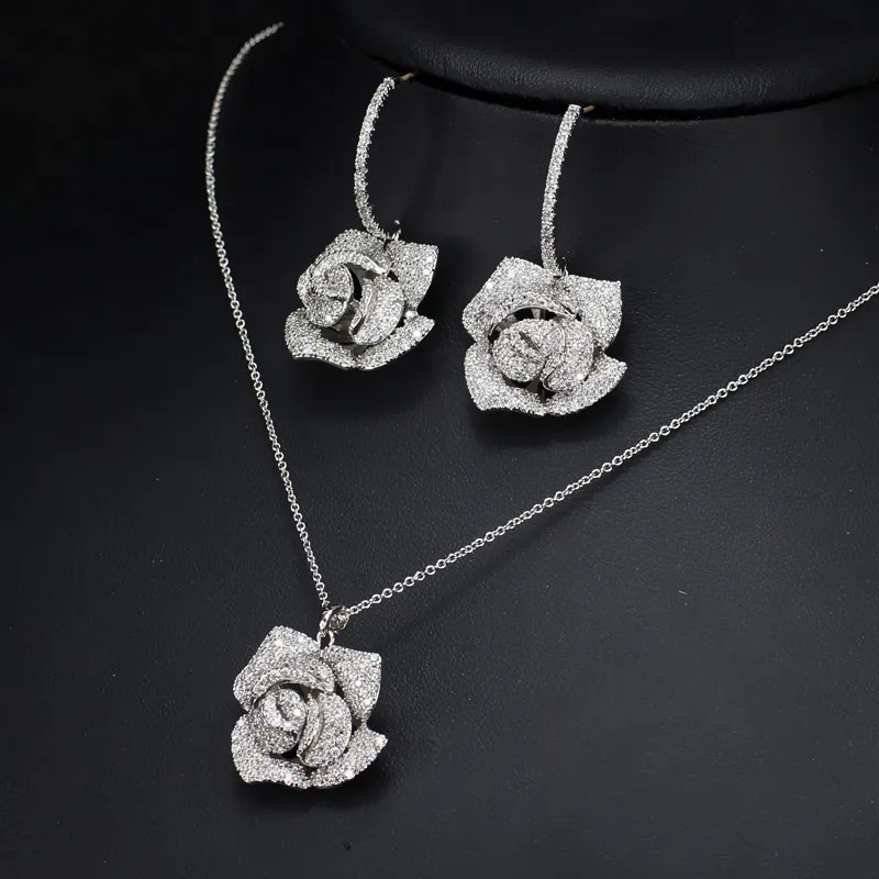 FXLRY New Design Romantic White CZ Cubic Zircon Flower Drop Pendant Necklace And Earrings Jewelry Set | Украшения и аксессуары