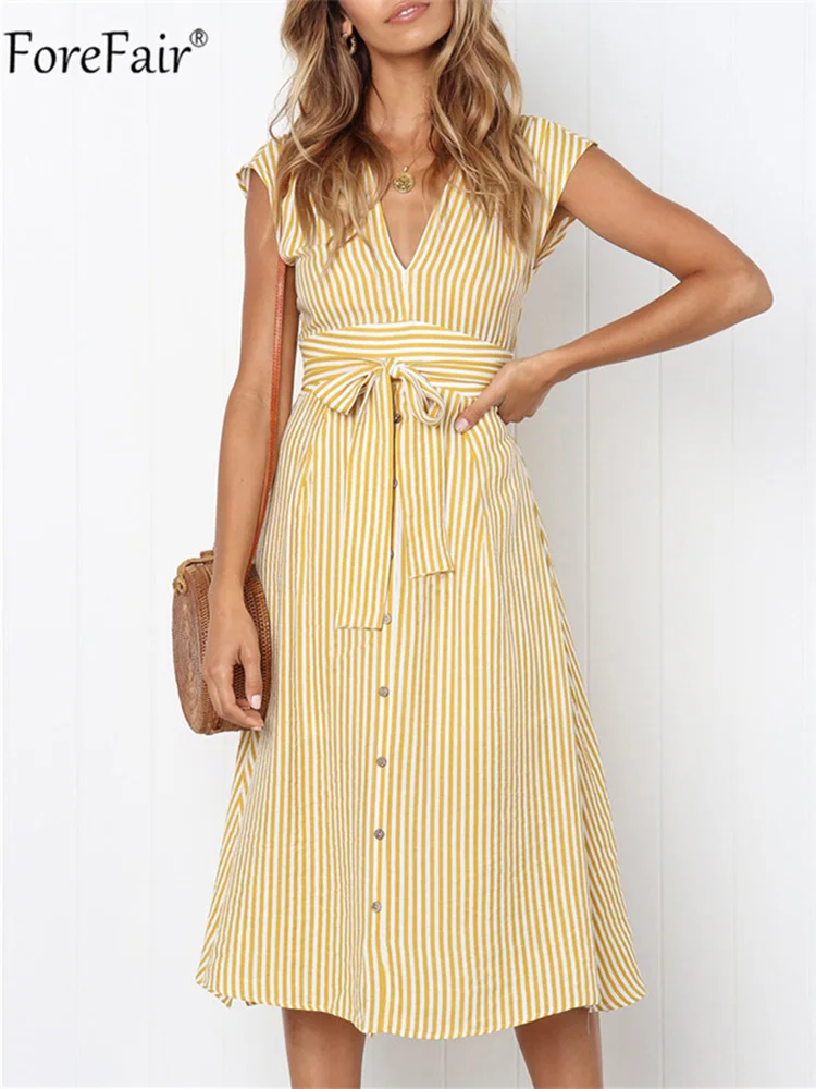 Женское платье миди в полоску ForeFair зеленое повседневное пляжное с v образным