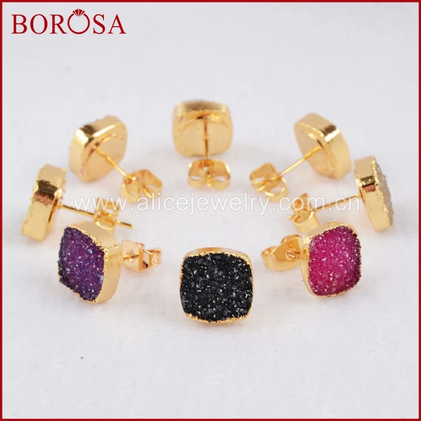 

BOROSA 1 Piece 10mm Square Agates Drusy Earrings Gold Color Druzy Stud Earrings For Jewelry Gift Only Blue Jewelry Droppshiping