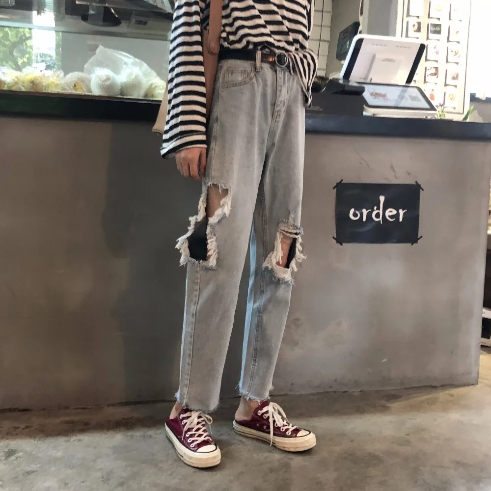 autumn 2018 Korean fashion casual pants ladies plus size ripped high waist jeans Streetwear Wide leg denim pans womens bottom |