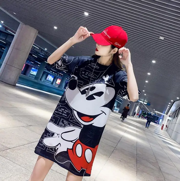 Летнее платье с принтом из мультфильмов женское 2019 коротким рукавом Микки