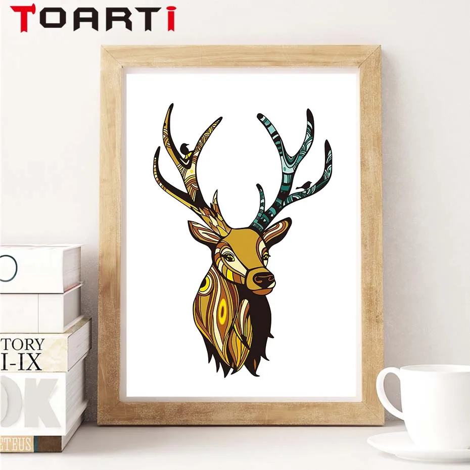 Современные винтажные рога с головой оленя животные А4 Холст Картина Большой