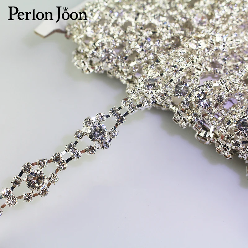 

1 yard bending tape-shape rhinestone trim flower crystal silver metal chain women clothing decorative shoes Accessories ML061