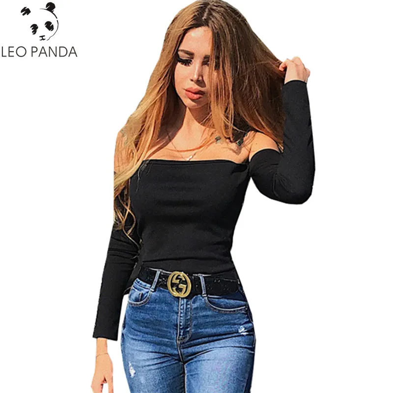 Женское боди с открытыми плечами Simenual черное облегающее длинным рукавом для